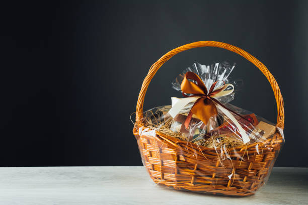 gift basket on gray background with copy-space